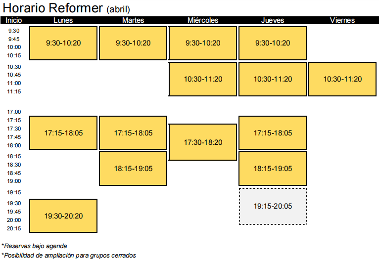 horario reformer abril
